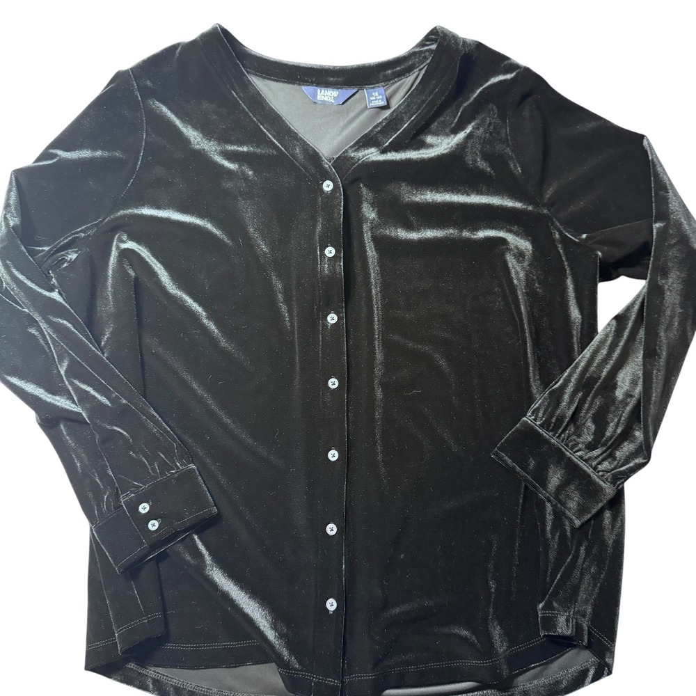 Lands End Velvet Button Down Women 1X Black V-Neck Long Sleeve Holiday Chic